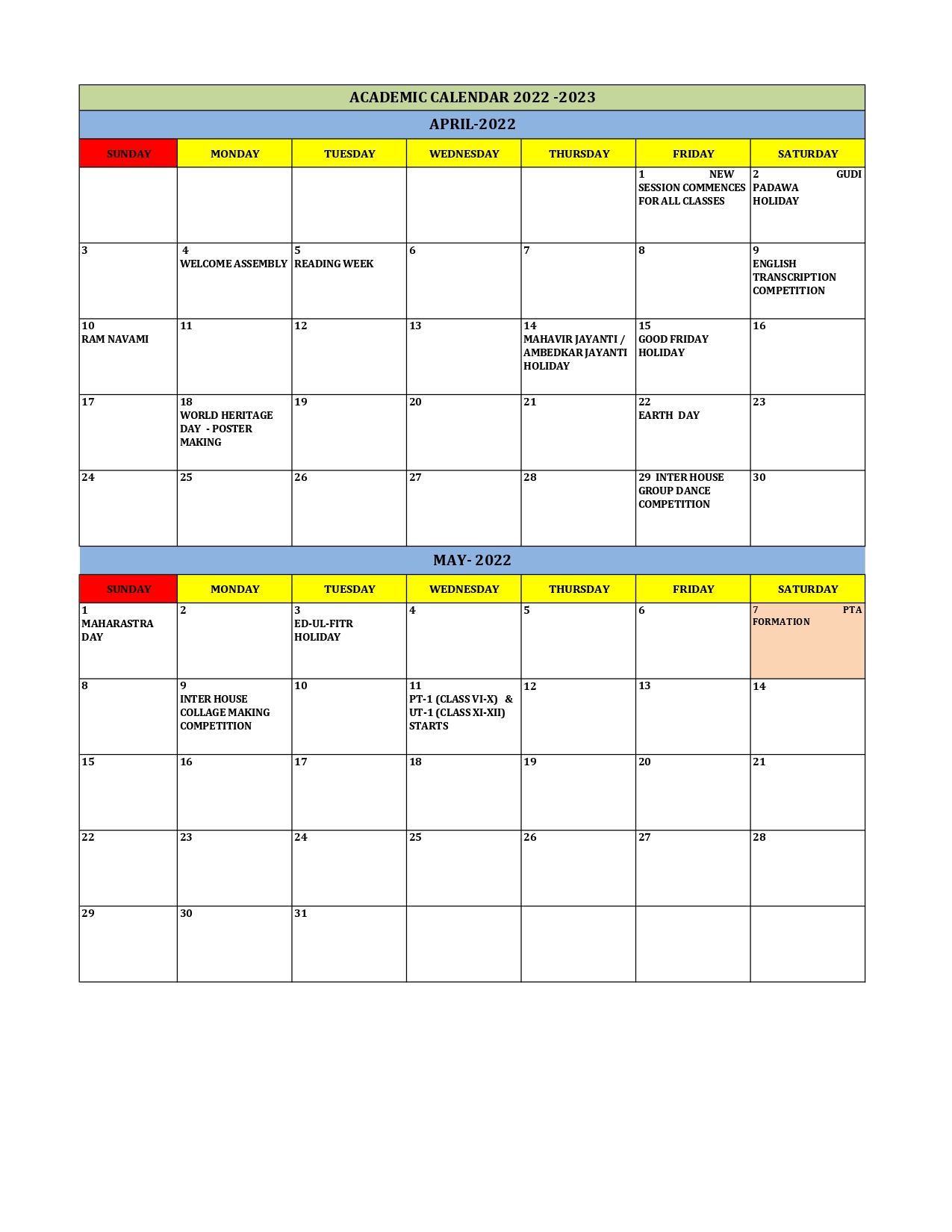 Annual Academic Calender